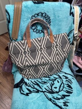 Tapestry Geometric Tote Bag with Leather Handles - Black & Cream